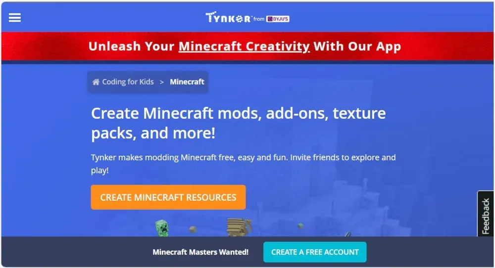 Sito web Tynker per il modding di Minecraft.