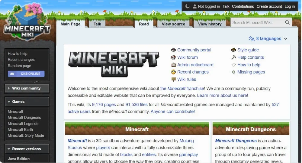 Sito web della wiki di Minecraft.
