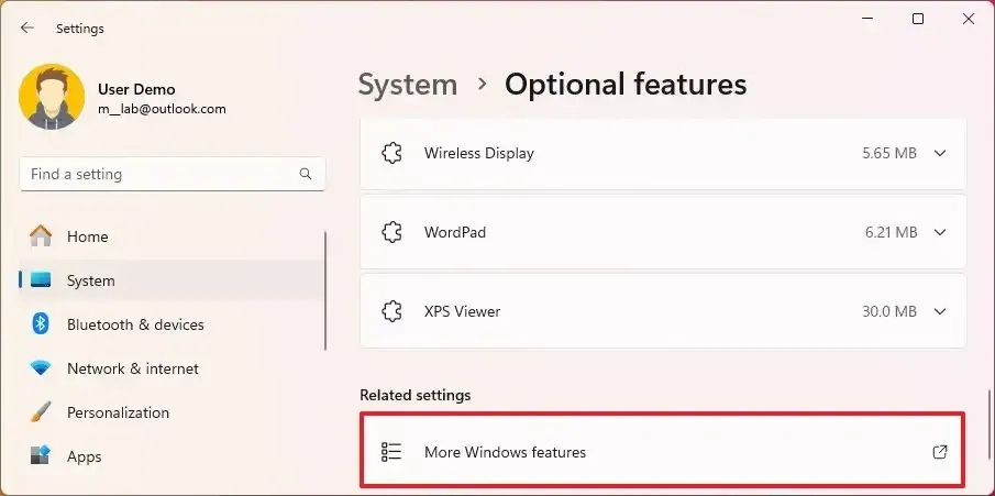 Apri le impostazioni delle funzionalità di Windows