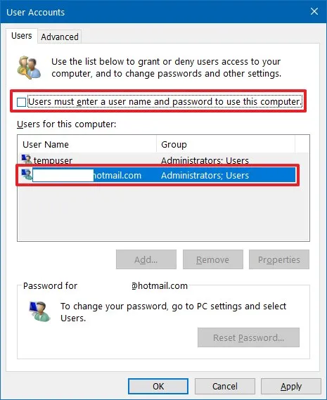 ustawienia netplwiz w systemie Windows 10