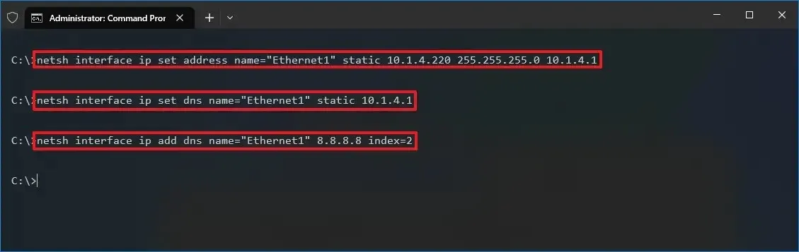 Comando netsh do Windows 10 para definir endereço IP estático
