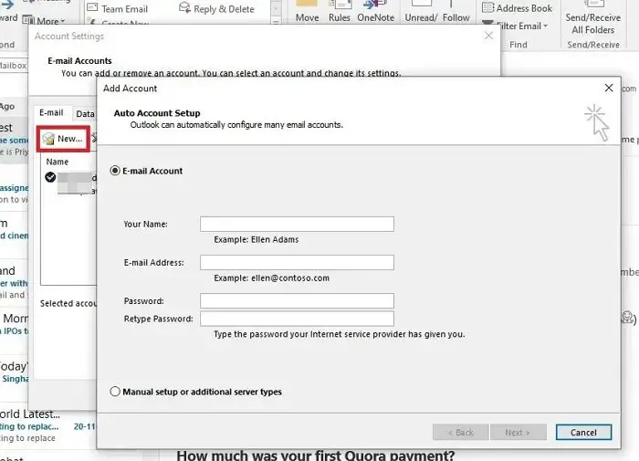 Configuração de nova conta do Outlook