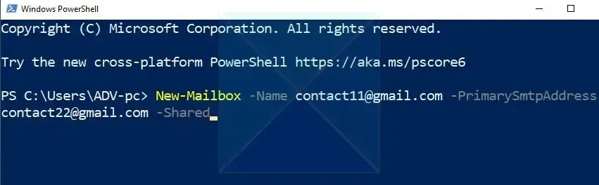 Powershell de criação de caixa de correio compartilhada do Outlook