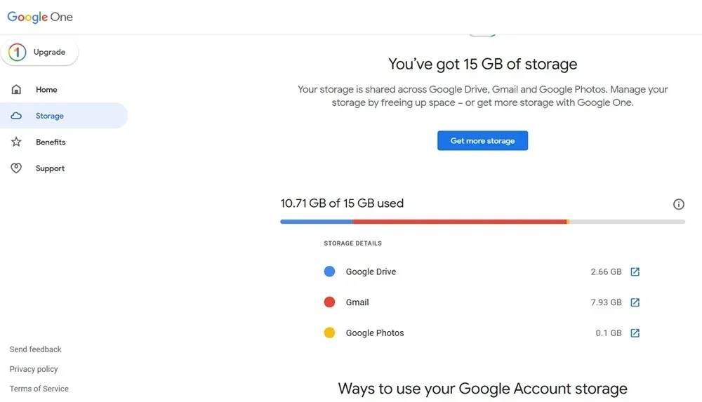 Répartition de 15 Go d'espace de stockage dans Gmail.