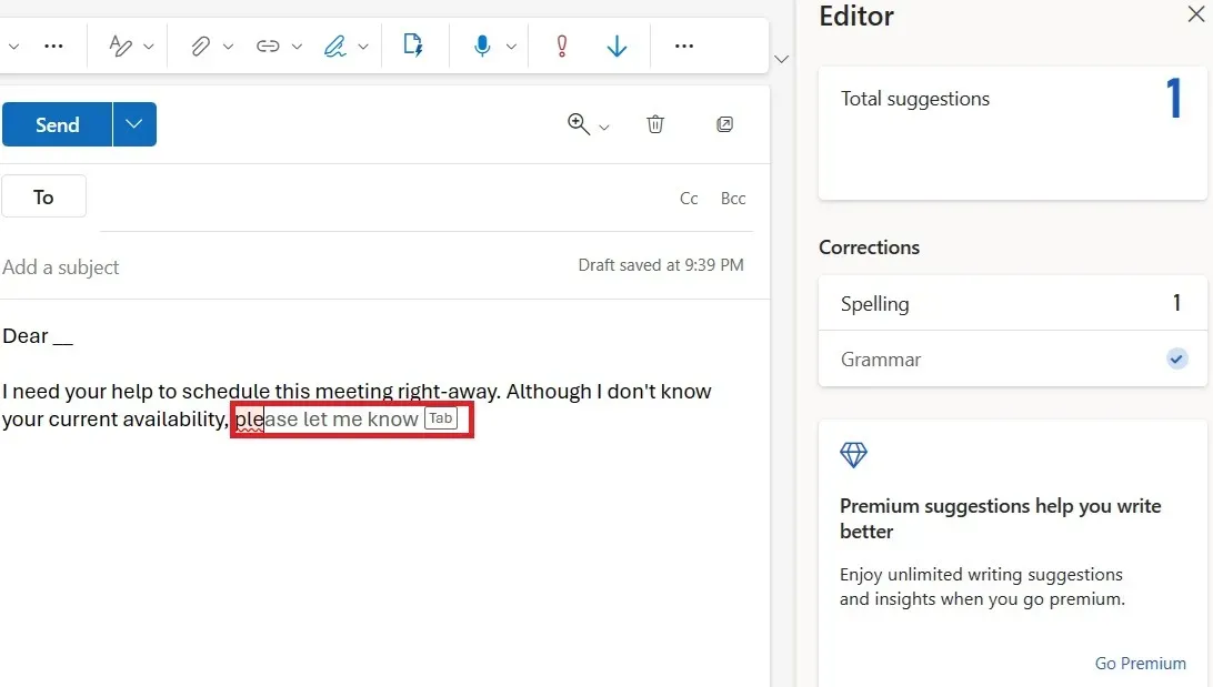 Vorschläge zur automatischen Vervollständigung mit dem Microsoft Editor in Outlook (kostenlose Version).
