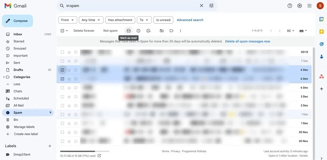 Gmail-E-Mails werden über kleine Symbole oben gesteuert.
