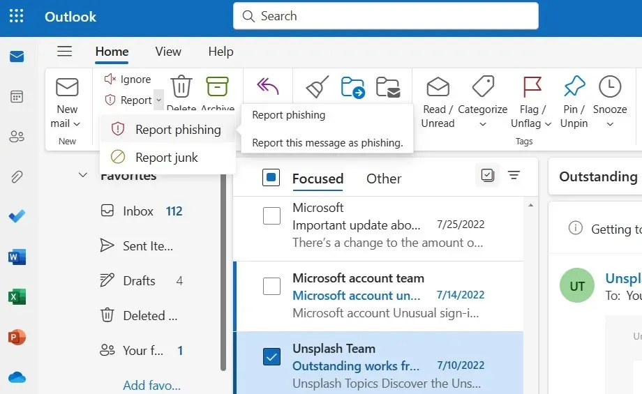 Signaler le phishing et l'ignorer dans Outlook.com