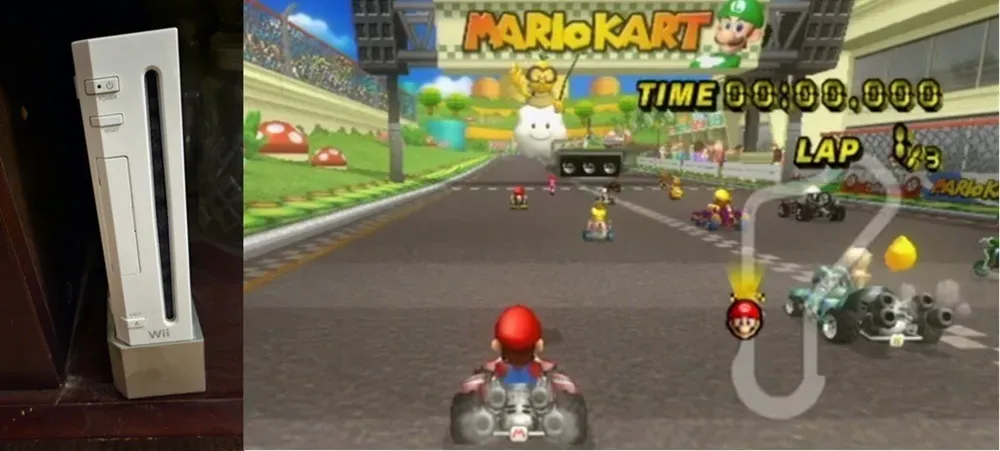 Nintendo Wii ao lado de uma corrida começando em Mario Kart.