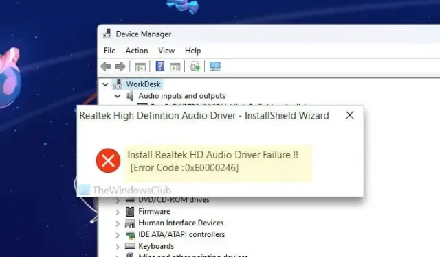 Erro 0xE0000246, falha na instalação do driver de áudio Realtek HD
