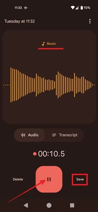Parando a gravação de música no aplicativo Google Recorder.