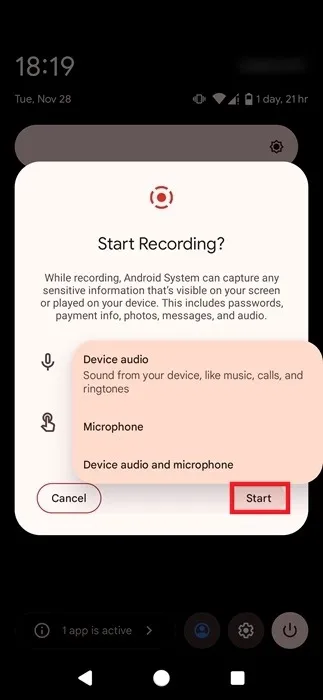 Selezione della sorgente per la registrazione audio durante l'utilizzo di Screen Recorder su Android.