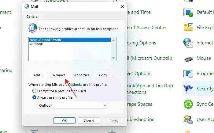 Remover perfil antigo do Outlook