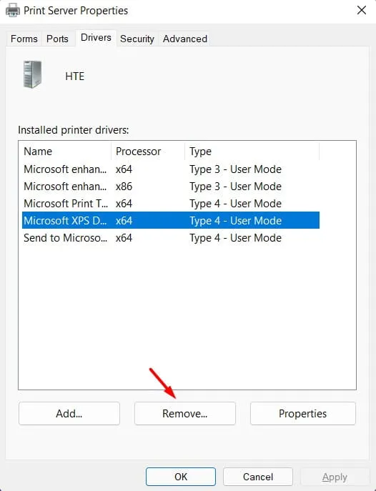 Remover impressora das propriedades do servidor de impressão