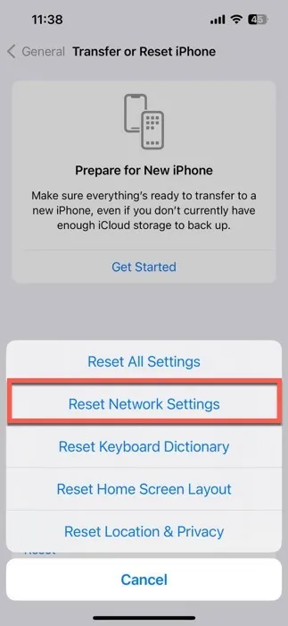 Réinitialiser les paramètres réseau, option iOS
