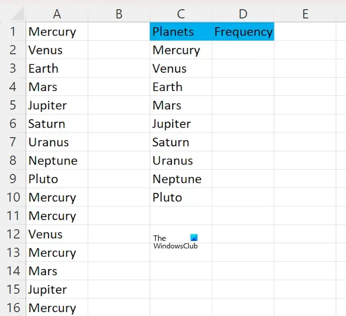 Voorbeeldgegevens met planeetnamen