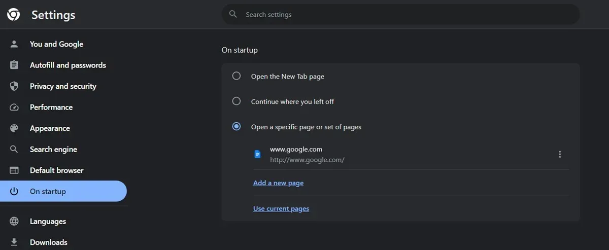 Modification des paramètres de la page de démarrage dans le navigateur Chrome.