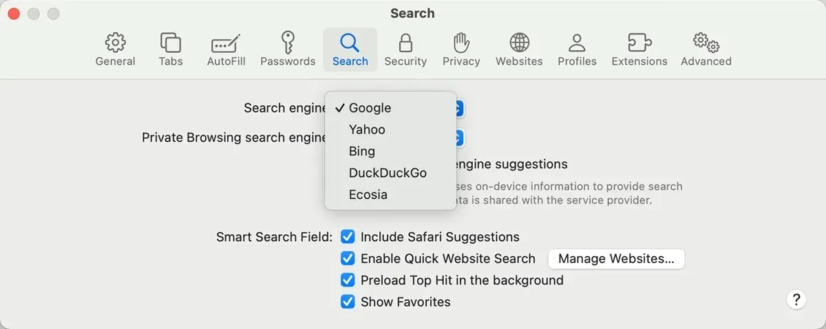 Changement de moteur de recherche dans le navigateur Safari.