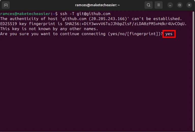 SSH フィンガープリントを信頼するためのプロンプトを強調表示する端末。