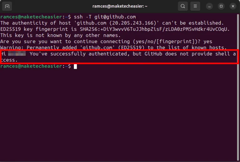 Un terminale che evidenzia il breve messaggio di riconoscimento da Github.