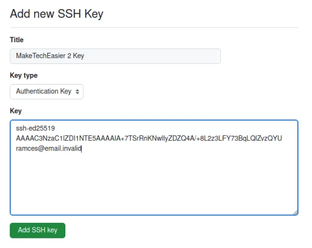 Uma captura de tela mostrando uma nova chave alternativa no Github.