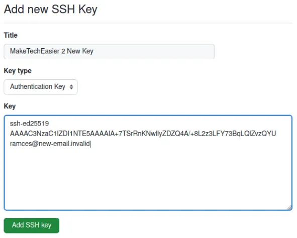 Una captura de pantalla que muestra la clave SSH recién modificada en Github.