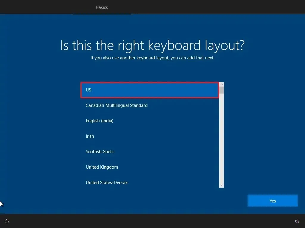 OOBE seleciona o layout do teclado