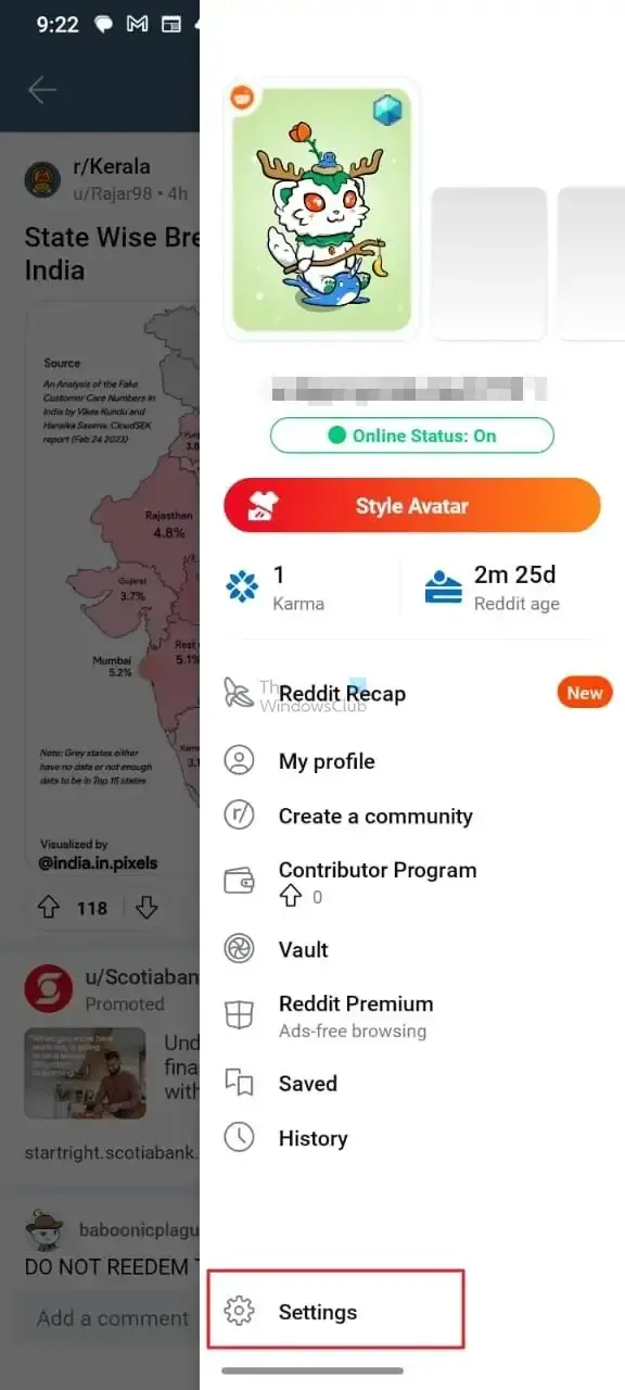 Selecteer Instellingen vanuit de Reddit-app op Android