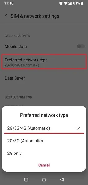 Sélection d'un type de réseau préféré sur un téléphone Android.