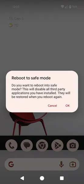Solicitação de reinicialização no modo de segurança no telefone Android.