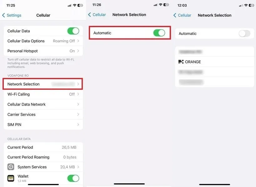 Sélection manuelle d'un réseau sur un appareil iOS.