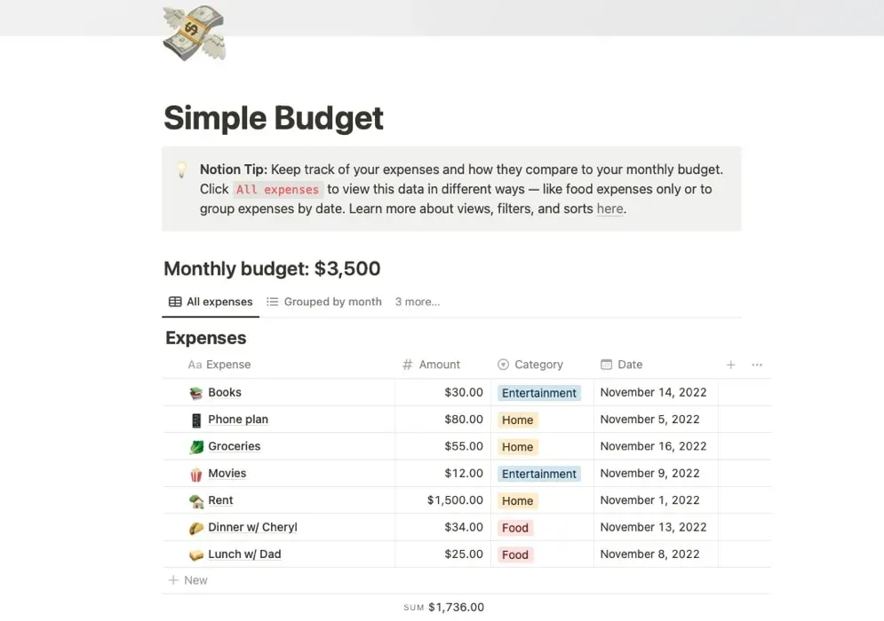 Acompanhamento de despesas com modelo de orçamento simples.