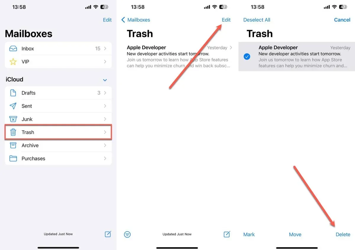 Schritte zum Leeren des Papierkorbs in der Apple Mail-App