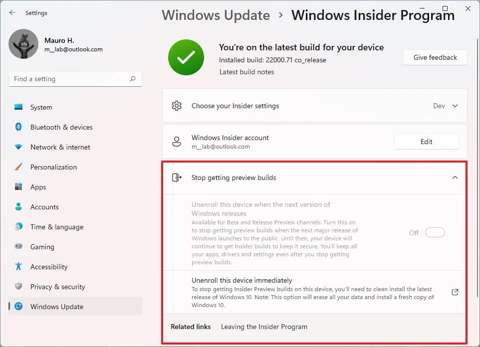 Interromper compilações do Windows 11 Insider