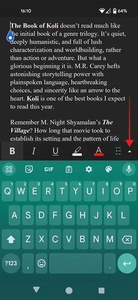 Android 用 Word アプリの矢印ボタンをタップします。