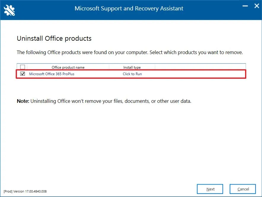 제거하려면 Microsoft 365 Office를 선택하세요.