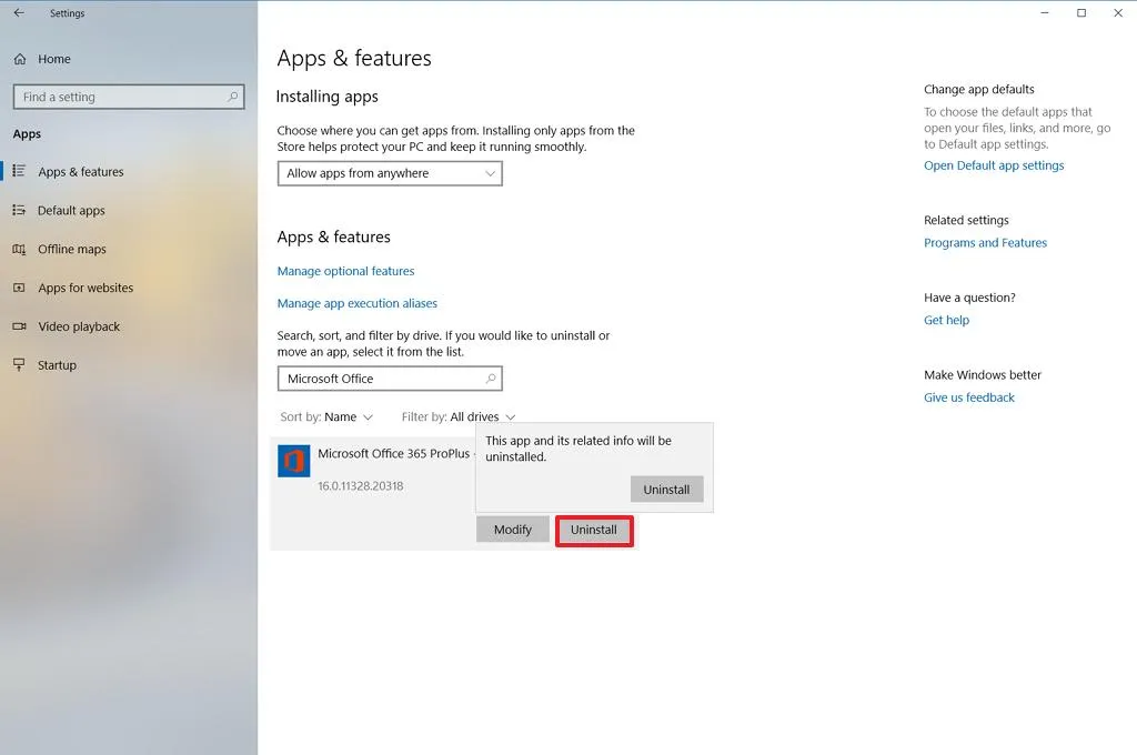 Disinstallare Office utilizzando l'app Impostazioni su Windows 10