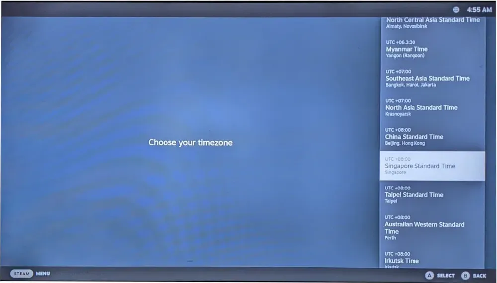 Une capture d'écran montrant les différents fuseaux horaires disponibles pour Chimera OS.