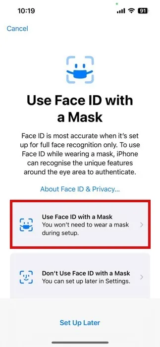 使用 Face ID 並突出顯示面罩按鈕