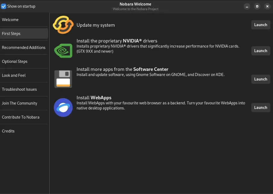 Nobara Linux 安裝後精靈畫面的螢幕截圖。