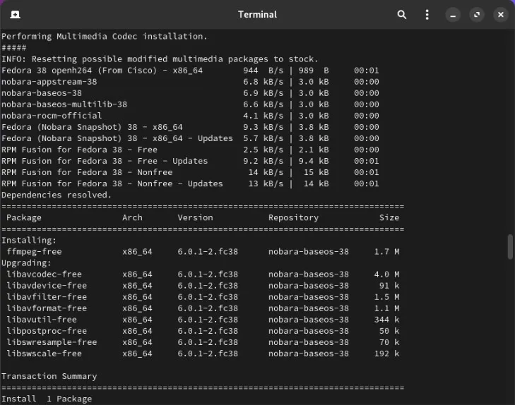 Nobara Linux 多媒體編解碼器安裝提示的螢幕截圖。