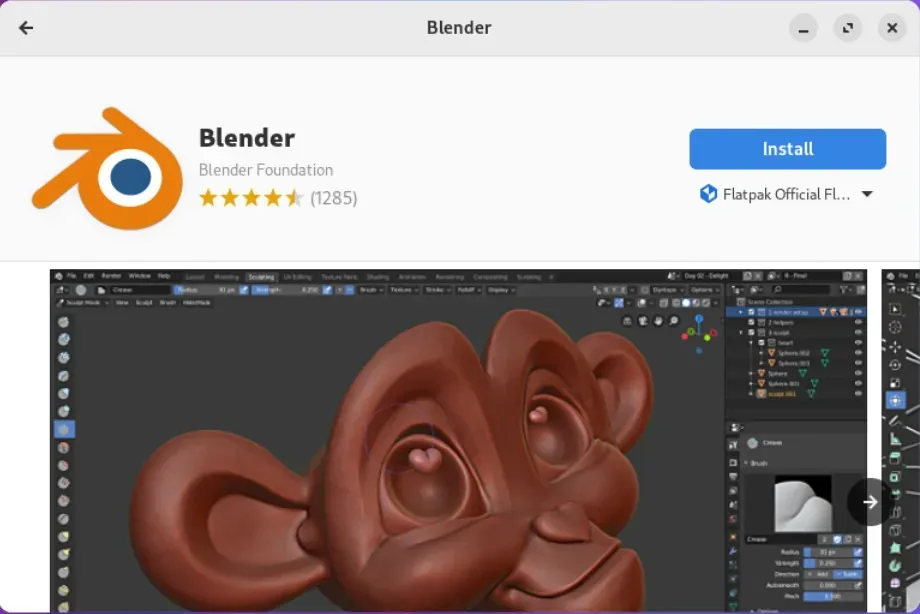 Uno screenshot che mostra la pagina Blender Flatpak Store in Nobara Linux.
