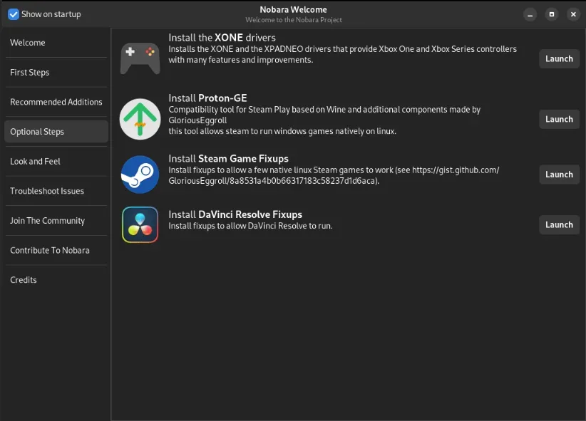 Een screenshot met de verschillende aangepaste patches die Nobara distribueert.