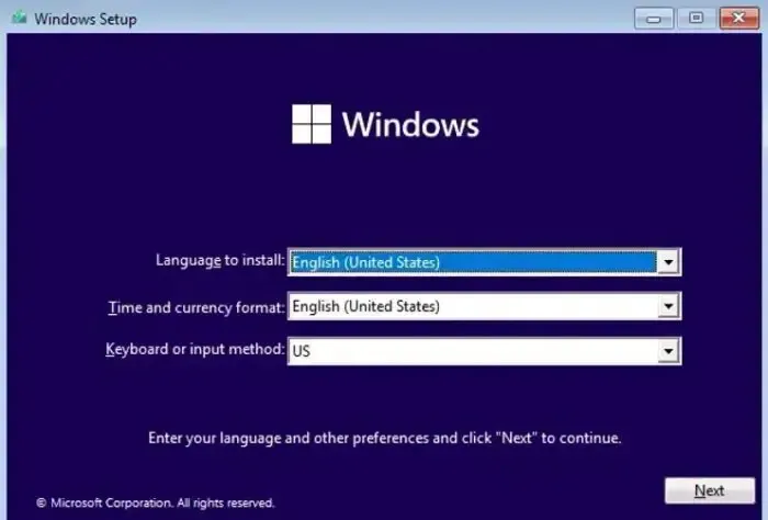 Wybierz opcję instalacji systemu Windows