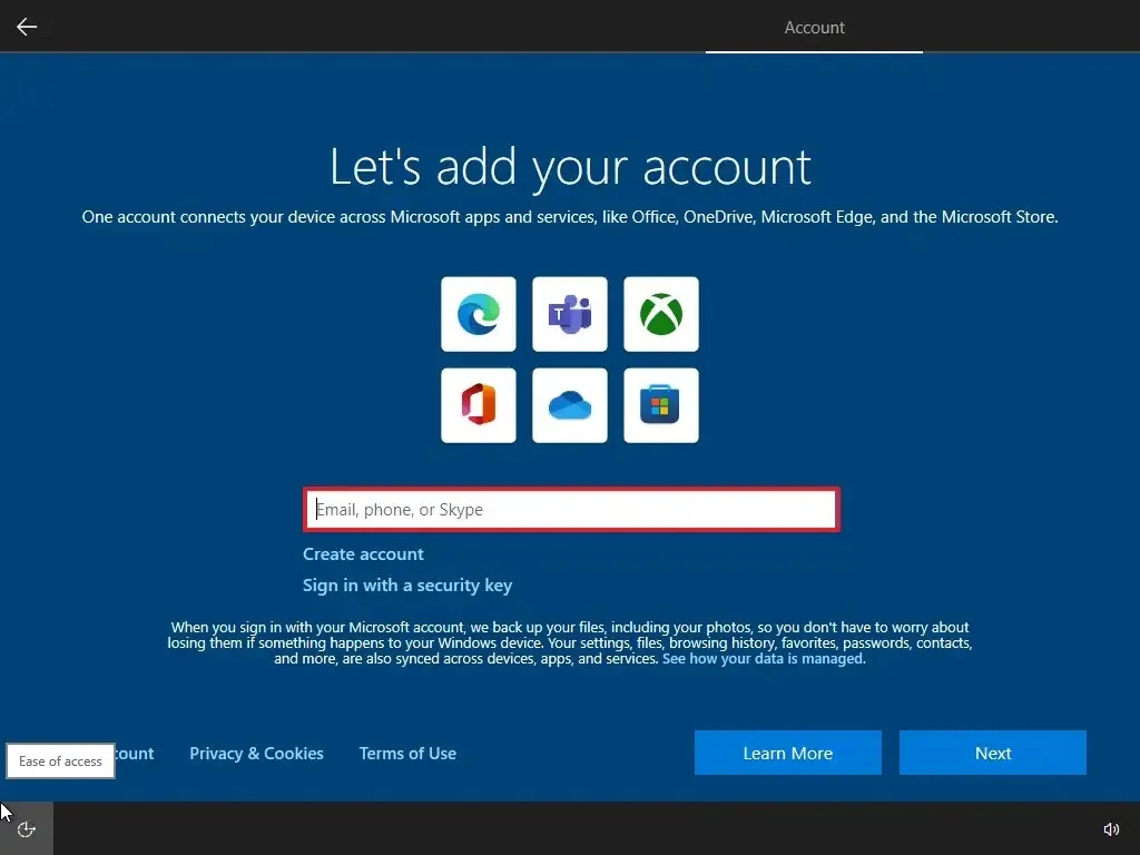Configurazione guidata crea un account Windows 10