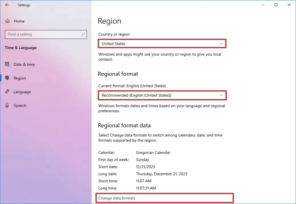 Formatos de datos regionales en Windows 10
