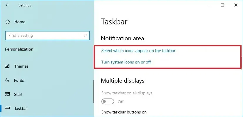 Opções da área de notificação do Windows 10