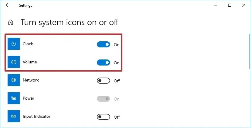 Configurações de ícones do sistema Windows 10