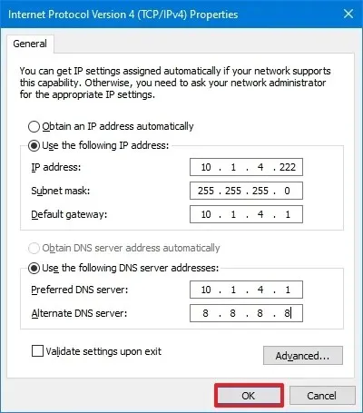Właściwości protokołu TCP/IPv4 karty sieciowej systemu Windows 10