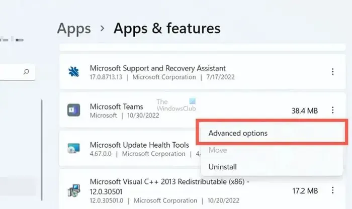 Recursos de aplicativos do Windows Opções avançadas Microsoft Teams