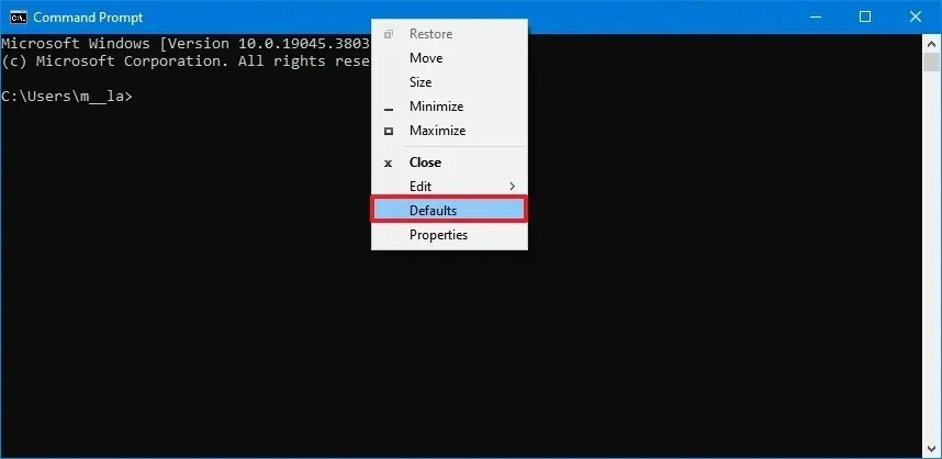 Windows コンソールのデフォルト オプション